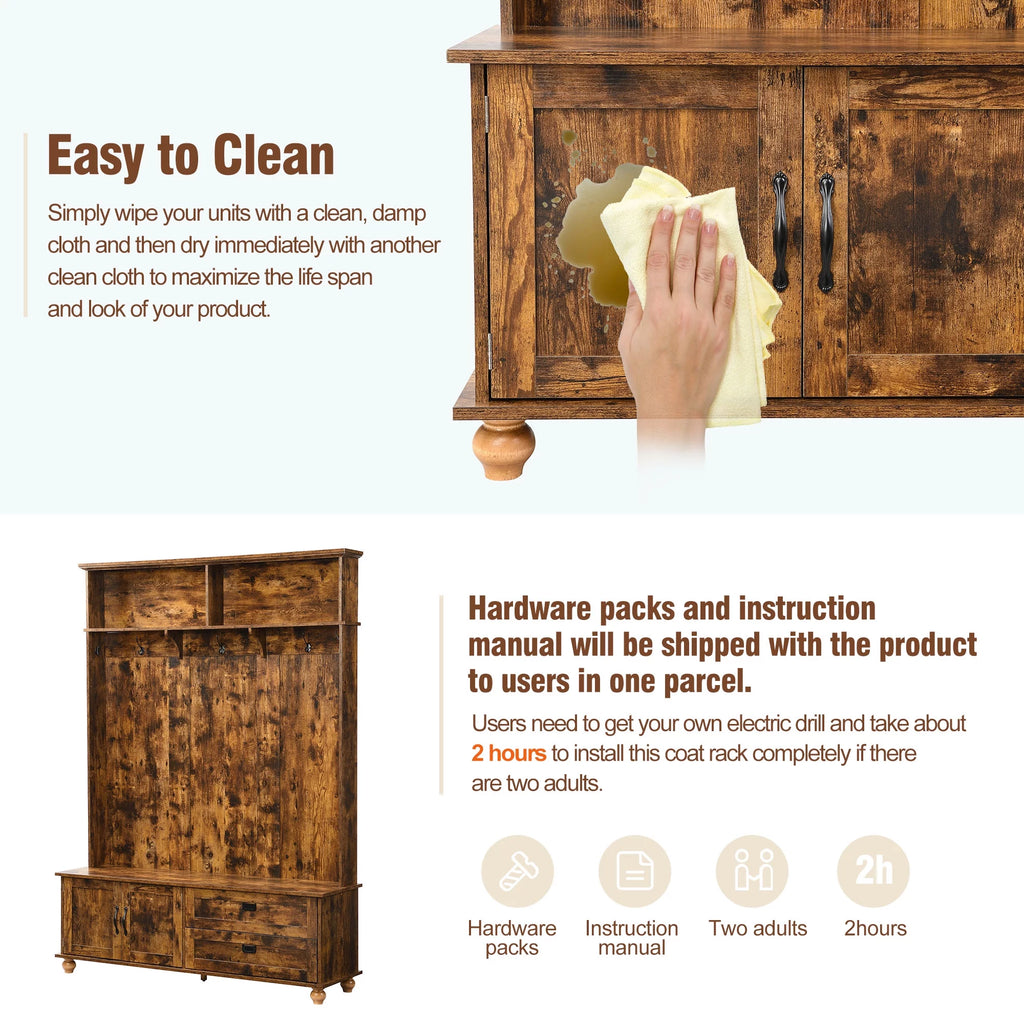Rustic Brown Hall Tree with Storage Cabinet and 2 Drawers W56852