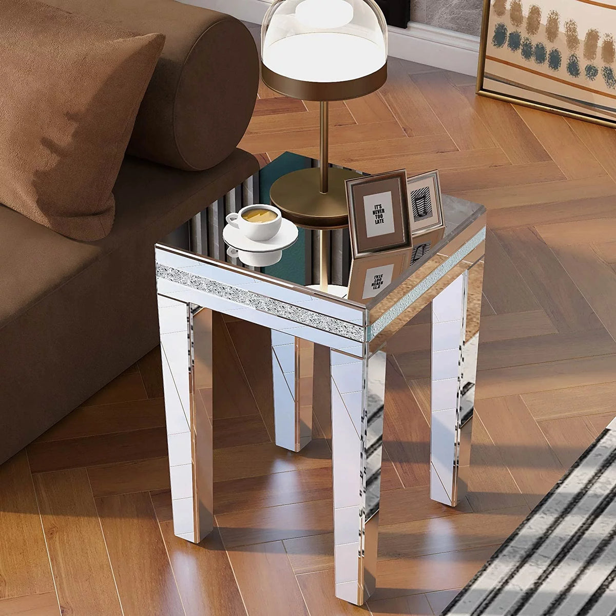 Modern Glass Mirrored Side Table with Crystal Design and Adjustable Height Legs Y696