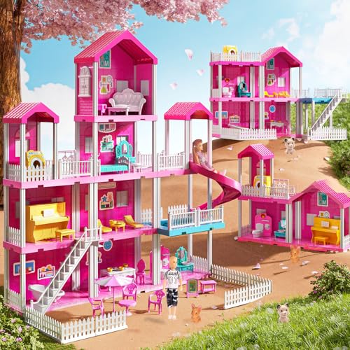 Pink Girl House Playset with 4 Storeys 10-Room and 2 Dolls Q379