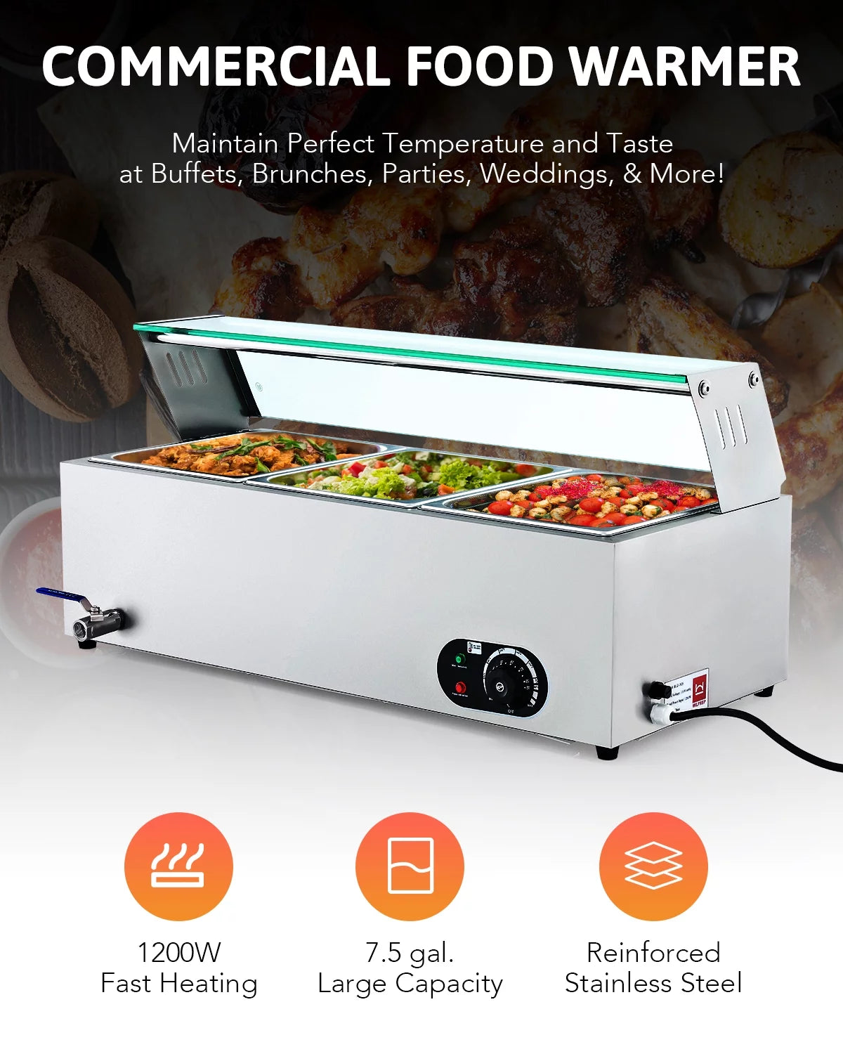 3 Pan Food Warmer Buffet Server with Glass Shelf W812