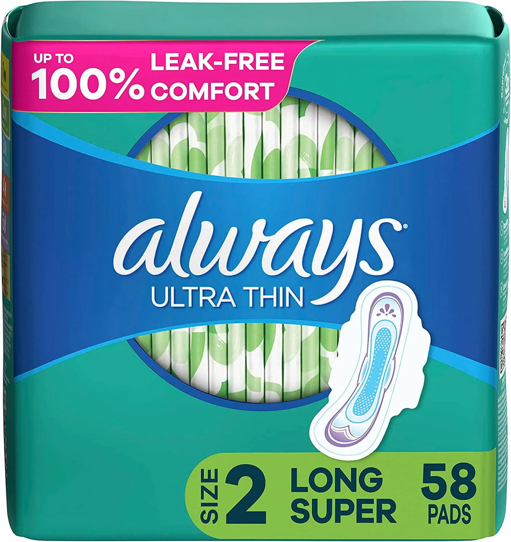 Ultra Thin Pads with Wings, Size 2, Long Super Absorbency, 58 CT G919