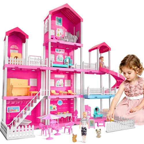 Pink Girl House Playset with 4 Storeys 10-Room and 2 Dolls Q379
