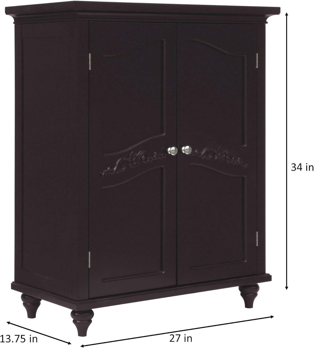 Freestanding Floor Cabinet with 2 Floral Scroll Doors and 2 Adjustable Shelves, Dark Espresso M346