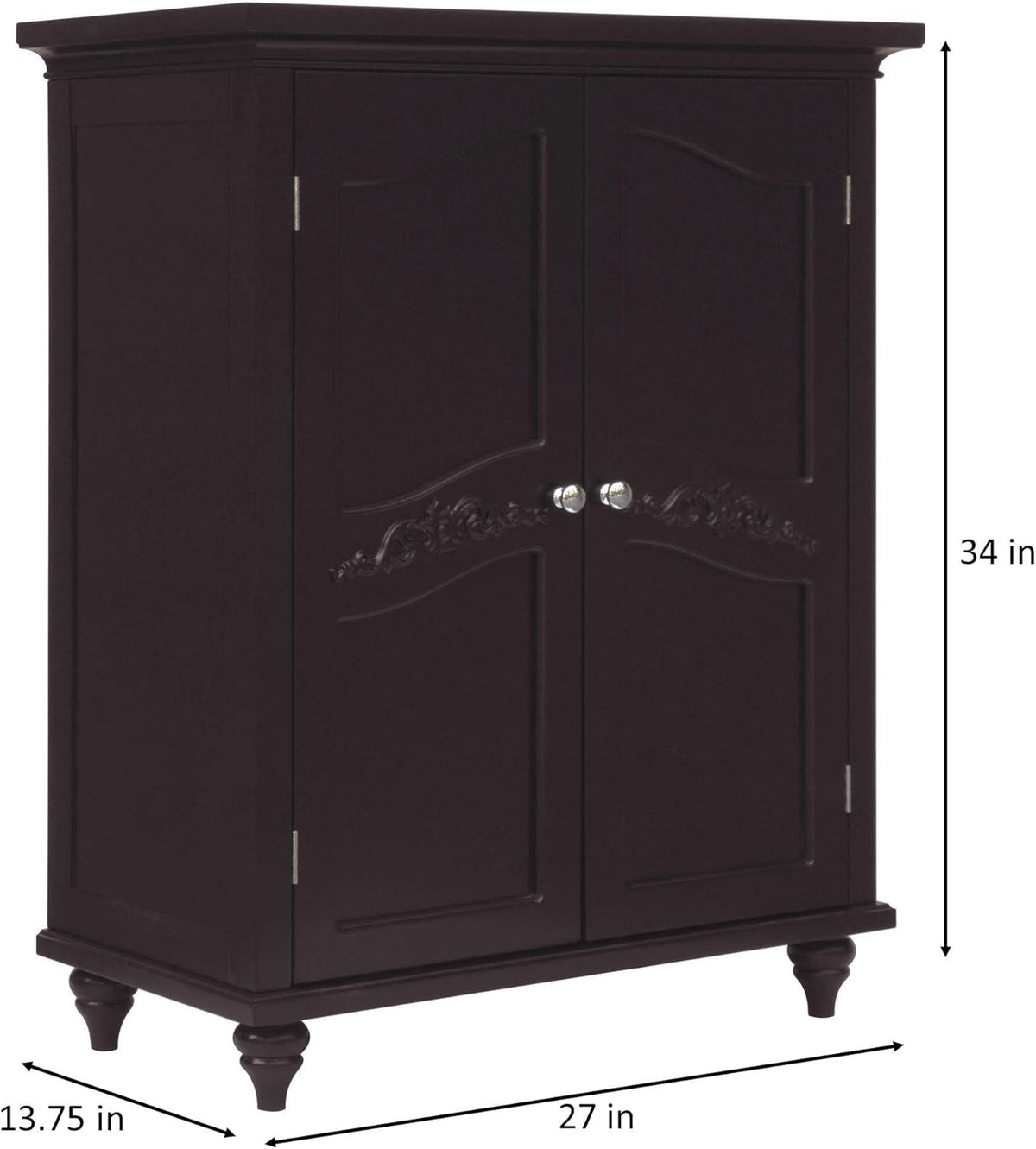Freestanding Floor Cabinet with 2 Floral Scroll Doors and 2 Adjustable Shelves, Dark Espresso M346
