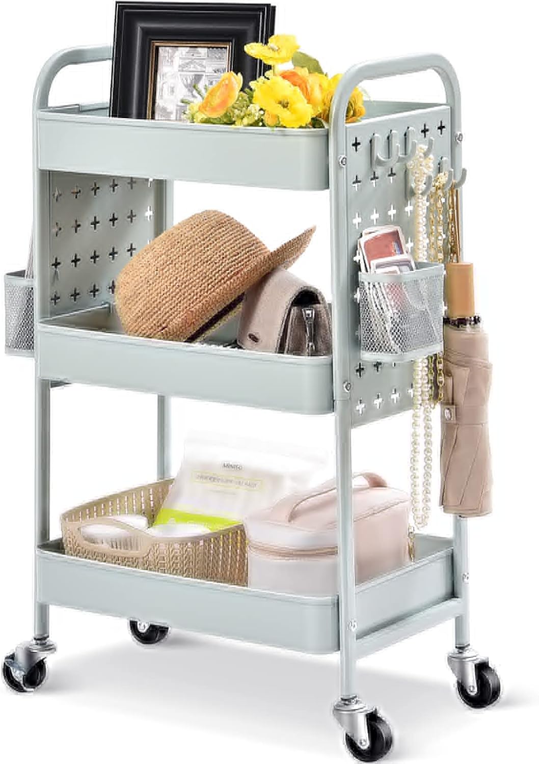 3-Tier Rolling Utility Storage Cart with Removable Baskets Hooks V812225