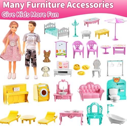Pink Girl House Playset with 4 Storeys 10-Room and 2 Dolls Q379