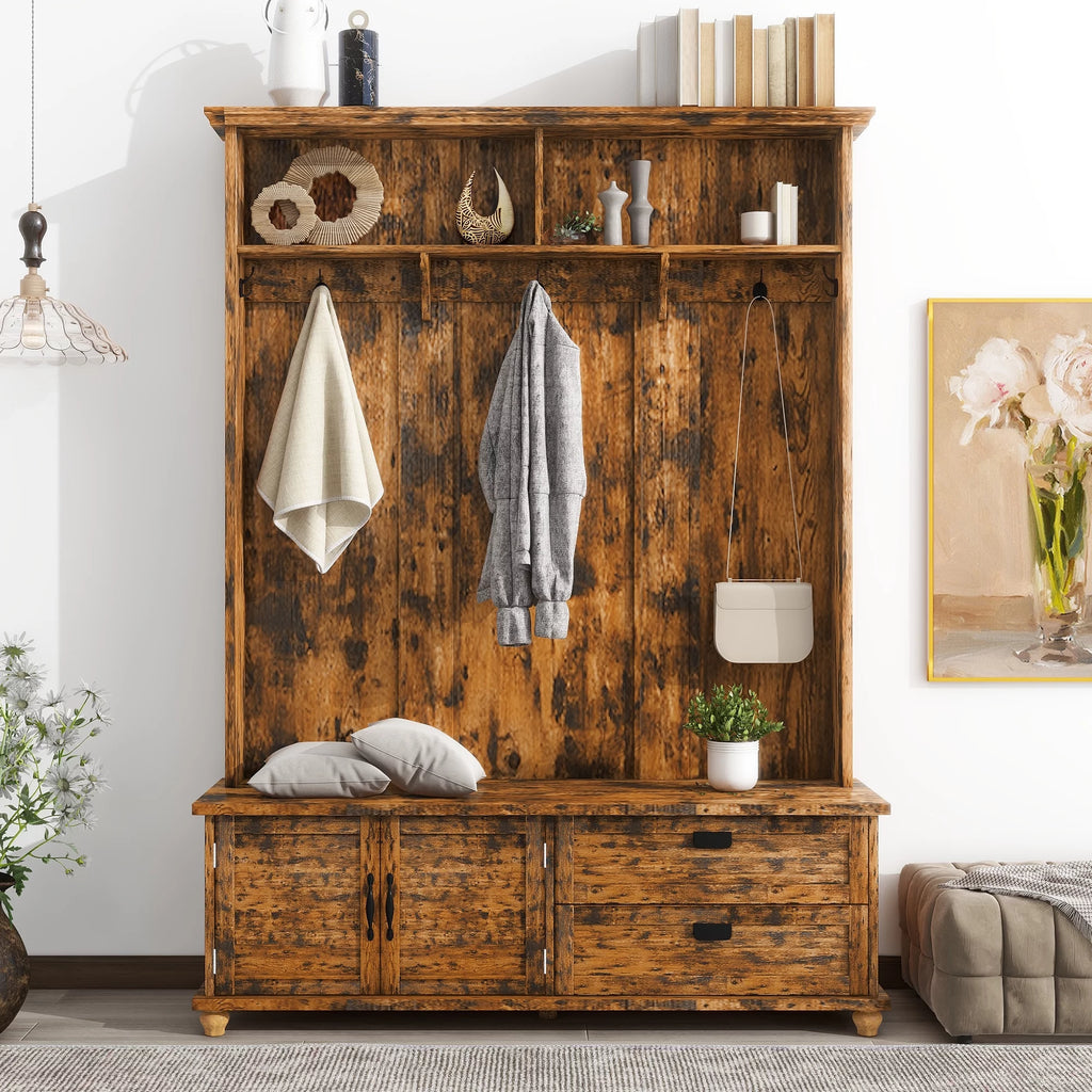 Rustic Brown Hall Tree with Storage Cabinet and 2 Drawers W56852
