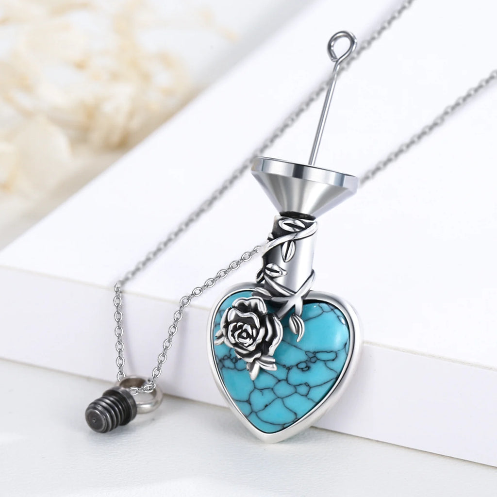 Natural Turquoise Urn Necklace Sterling Silver Heart Pendant Necklaces for Ashes U627330