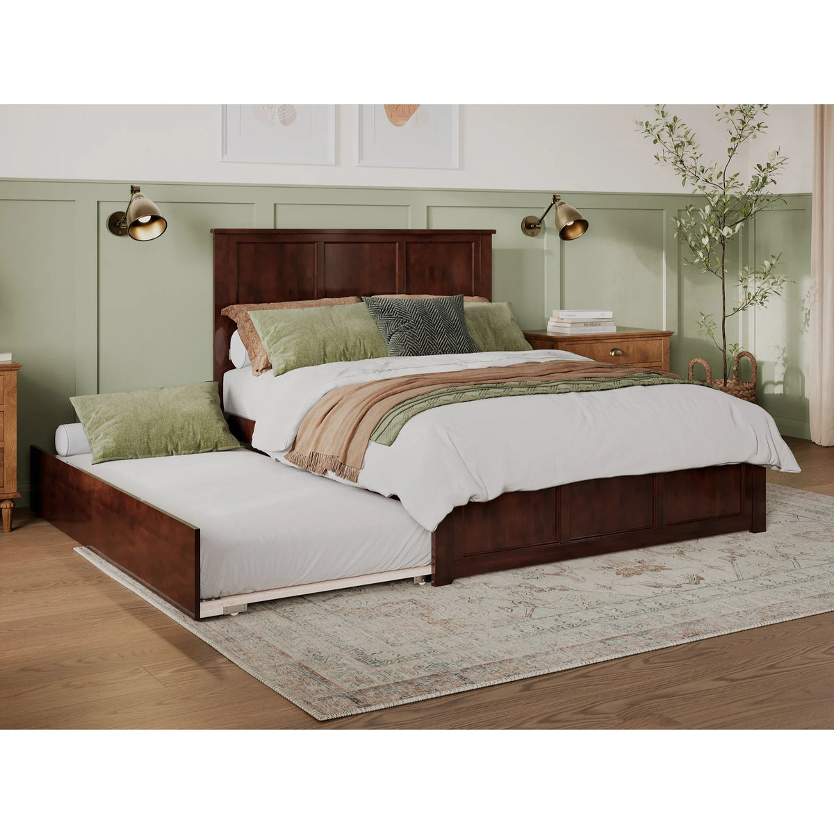 Solid Wood Queen Bed with Twin XL Trundle in Walnut C7865