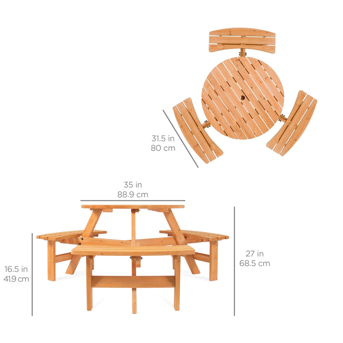 6-Person Circular Wooden Picnic Table with 3 Built-In Benches U144892