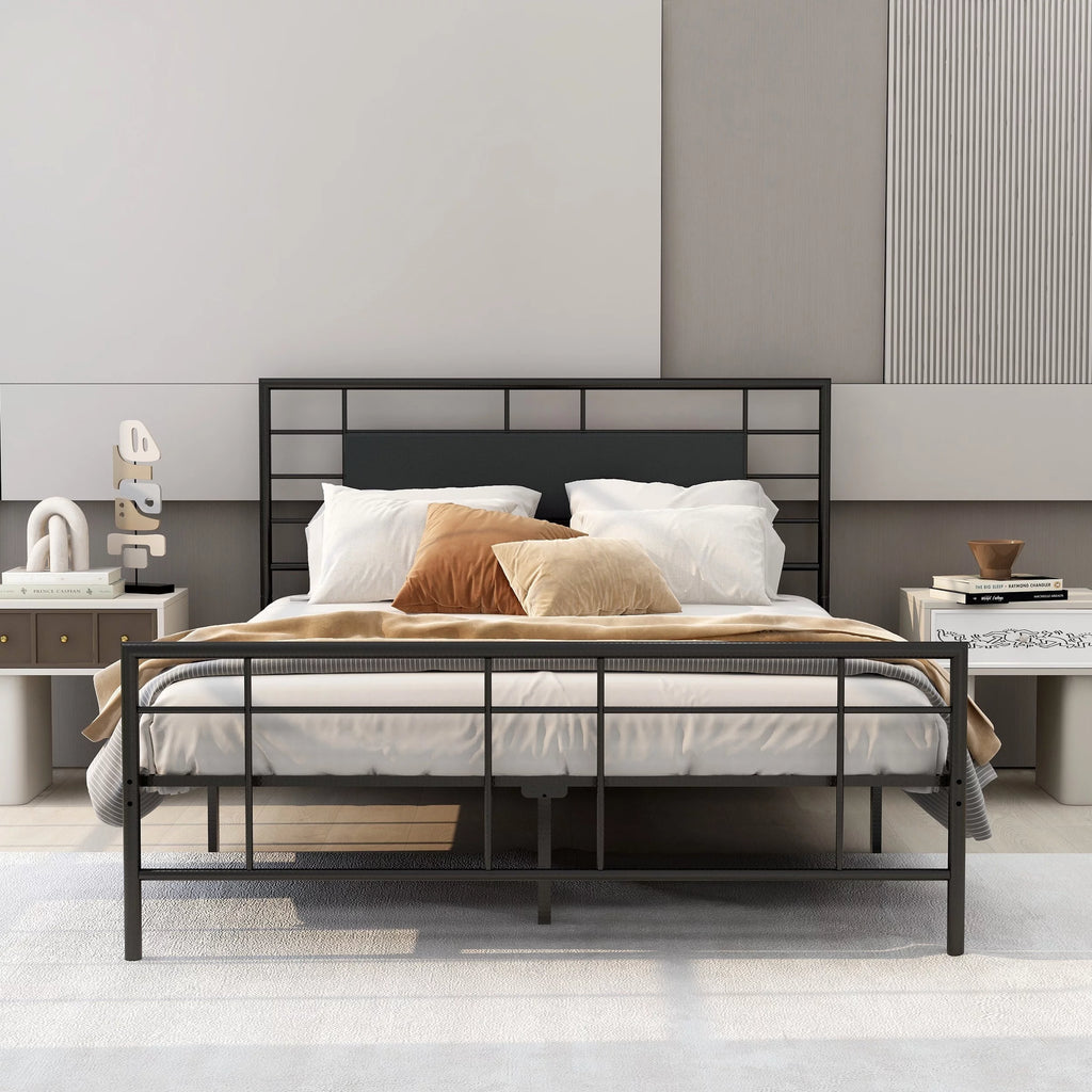 Queen Size Black Metal Platform Bed Frame with Leather Upholstered Headboard W842942